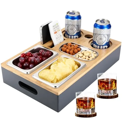 Collazoey Couchbar Snackbox, Mit Snackschalen Aus Edelstahl,mit Abnehmbarer Deckel, Couch Tablett, Sofaablage für Wohnzimmer Schlafzimmer Garten Camping