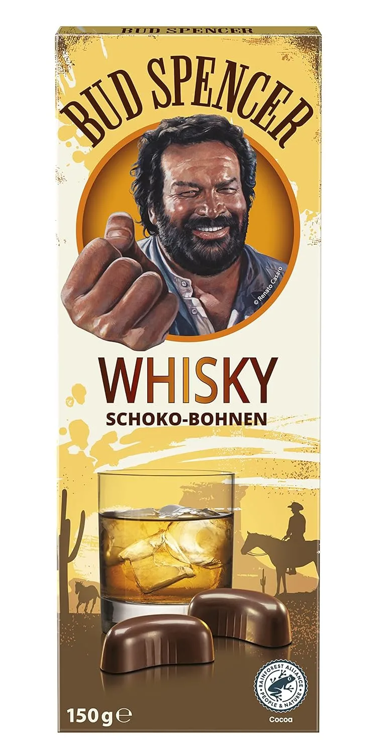 Piasten BUD SPENCER Whisky Schoko-Bohnen – Zartbitter Pralinen gefüllt mit mind. 45% Blended Malt Whisky – 1 x 150g