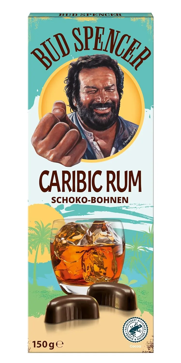 Piasten BUD SPENCER Caribic Rum Schoko-Bohnen – Erlesener Karibischer Rum in Zartbitterschokolade aus nachhaltigem Kakao – 1 x 150g