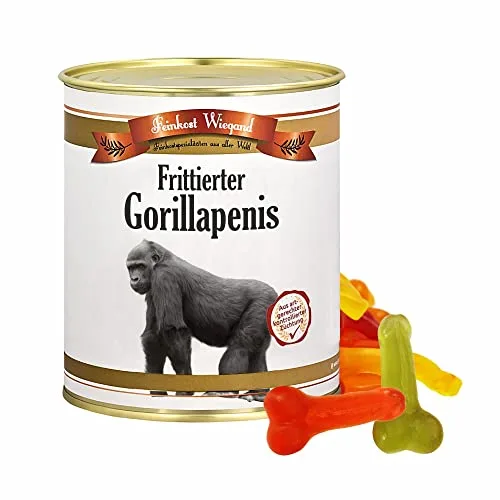 4you Design | Gorilla Willis frittiert Feines aus der Dose – lustiges Geschenk für Männer & Frauen – Geschenkidee für Erwachsene zum Geburtstag, Weihnachten – Willis Fruchtgummis – 200g Gorillapenis
