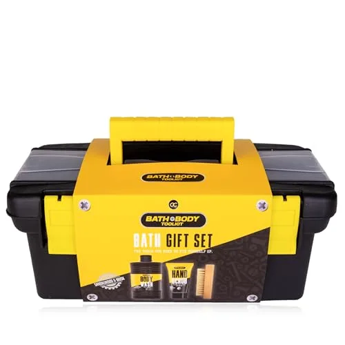 Accentra Geschenkset BATH + BODY TOOLKIT für Männer, 400ml Duschgel, 50ml Handpeeling und Holznagelbürste in einem coolen Werkzeugkoffer verpackt