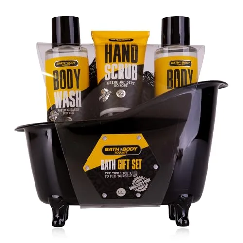Accentra Geschenkset BATH & BODY TOOLKIT für Männer in Deko-Badewanne, 2 x 100ml Duschgel, 50ml Handpeeling und Netzschwamm, 4-Teiliges Pflegeset für Herren, Vatertag oder Geburtstag