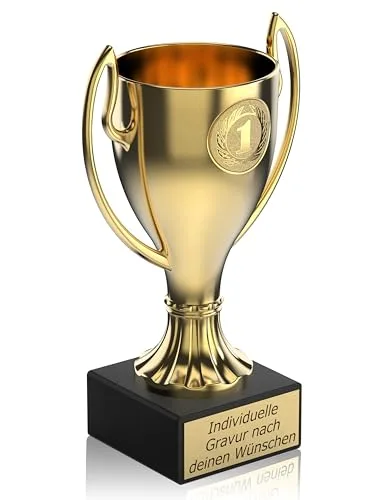 Zelaro Henkelpokal in Gold | Pokal mit Gravur Wunschtext – Trophäe in 5 Größen | Pokal Fußball | Fussball Pokal Kinder - 13 cm inkl. Marmorsockel