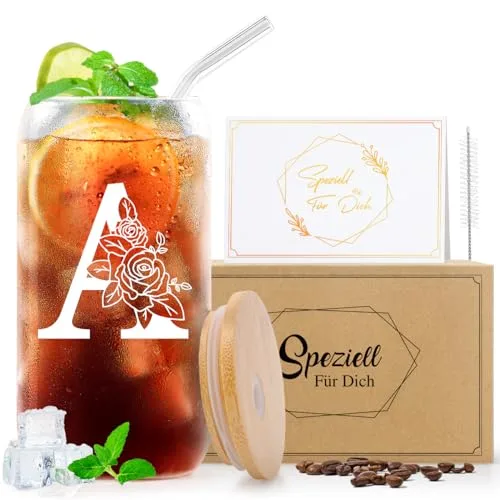 A-Z Buchstaben Personalisierte Geschenke für Frauen Männer Freundin Mama zum Geburtstag Weihnachten Valentinstag Geschenke für Frauen Ihn Sie Oma Paare, Glasbecher mit Deckel und Strohhalm