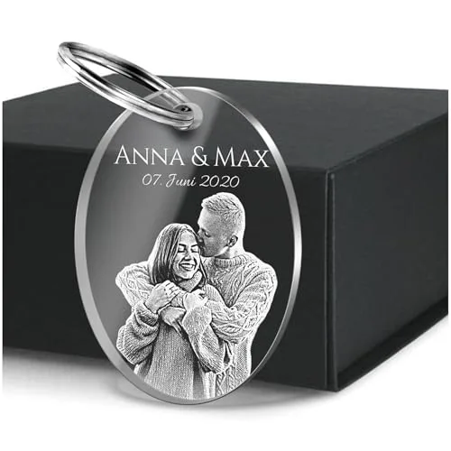 CHRISCK design Schlüsselanhänger personalisiert mit Foto und Gravur - Anhänger mit Fotogravur - Personalisierte Geschenke Freund Freundin - Fotogeschenk Geburtstag Jahrestag