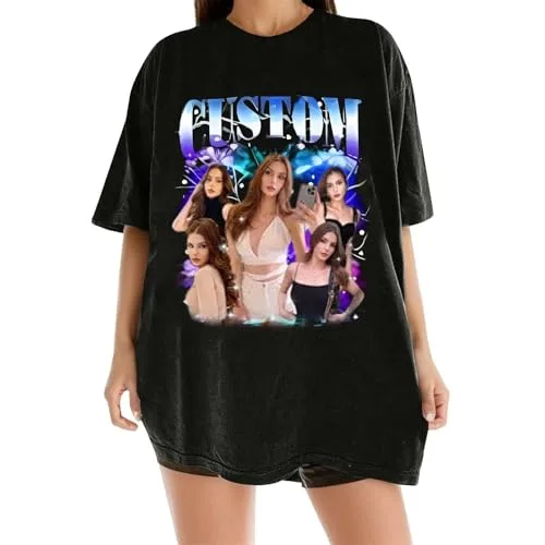 Personalisiertes T-Shirt Damen Herren Selbst Gestalten Unisex T-Shirt Personalisierte Retro T-Shirts Mit Gesicht Foto Baumwolle Tshirt für Frauen Männer Lustige Custom T-Shirts Geburtstagsgeschenke