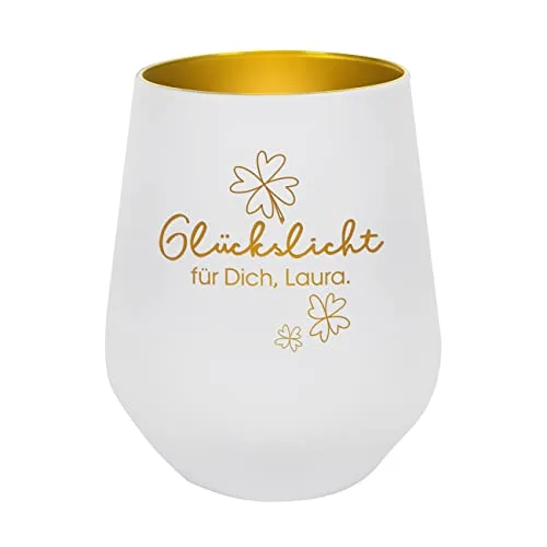 Herz & Heim® graviertes Windlicht mit Aufschrift Glückslicht und Wunschtext/Geschenkidee (Standard)