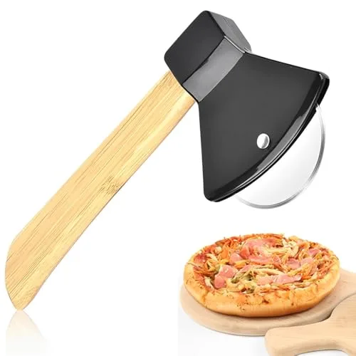BQRKOTM Pizzaschneider Edelstahl Lustige Pizzaroller Manueller Pizzamesser in Axtform Pizza Schneidemesser mit Holzgriff Pizza Cutter zum Schneiden von Pizza Waffeln Pfannkuchen Schwarz