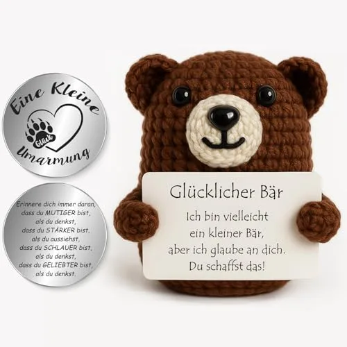 Tixlux Pocket Hug Glücklicher Bär, Kreative Strickwolle Bär Puppe und Kleine Umarmung Glücksbringer (Grau), MutmacherGeschenk, Gute Besserung Geschenk, Einschulung Geschenk