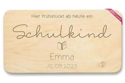 Holz Natur - Hier frühstückt ab heute ein Schulkind mit Name und Datum I Frühstücksbrettchen Einschulung Geschenk Schulkind 2025 I Geschenkideen Schulanfang - 22x12 - Holz