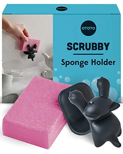 OTOTO Scrubby Schwammhalter für Küchenspüle, graue Katze, Küchenschwammhalter, spülmaschinenfest, rostfrei, 9,9 x 7,9 x 9,9 cm