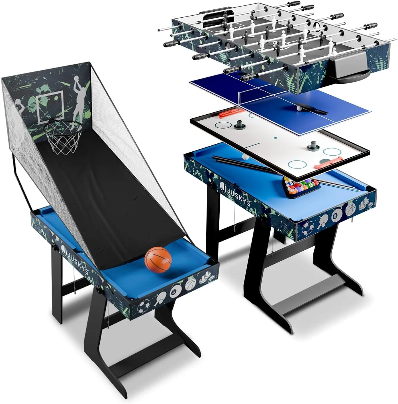 Juskys 5in1 Spieltisch Ballzauber - Kinder Tisch klappbar mit Tischtennisplatte, Tischkicker, Billardtisch, Hockey & Basketball - Multifunktionstisch