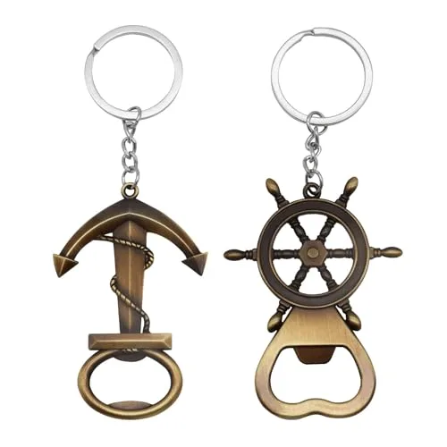 IOPJLK 2 Stück Flaschenöffner Schlüsselanhänger, Vintage Marine Design Anker Schiffslenker, Bronzefarbenes Metall Bieröffner Schlüsselring, Geschenk für Segler Polizisten Feuerwehrleute