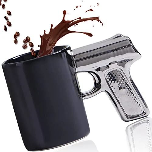 ZONSNSE Tasse mit Pistolengriff, Pistole Waffe Trinkbecher, Cappuccino Tassen, Kaffeebecher Porzellan, Lustige Geschenke für Männer, Vatertagsgeschenk Tasse, 400ML (Schwarz & Silber)