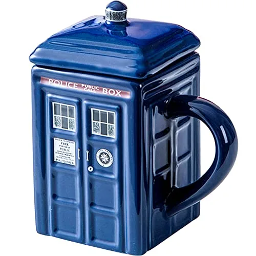 Doctor Who Tasse Tardis mit Deckel,Lustige Neuheit Kaffeetasse, Keramikbecher Milchbecher Thermoskanne Wasserflasche Teetassen Gift