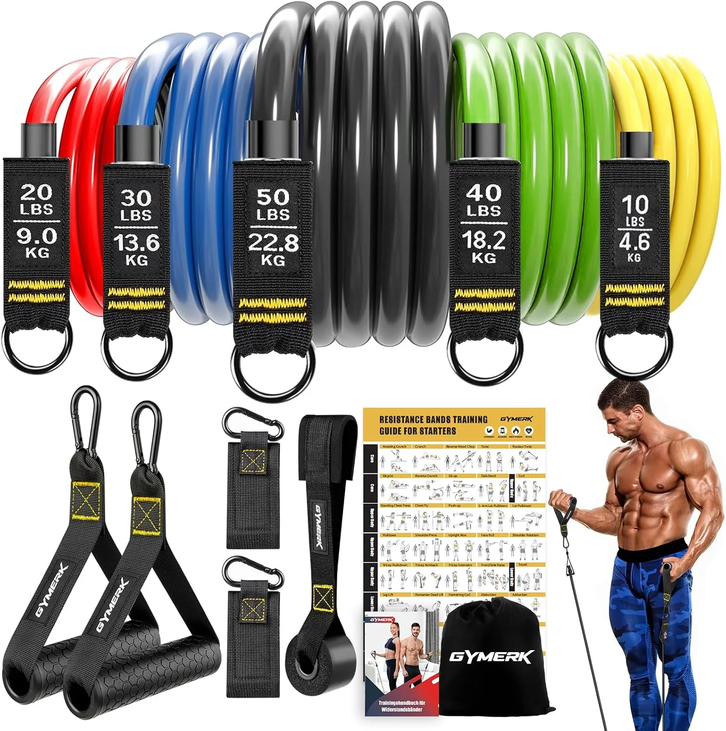 GYMERK Resistance Bands Set, Expander Fitness Mit Gummigriffe, Trainingsplakat, Knöchelriemen, Türanker, Tragtasche, 5er Verschiedene Widerstandsstufen Ideal für Krafttraining