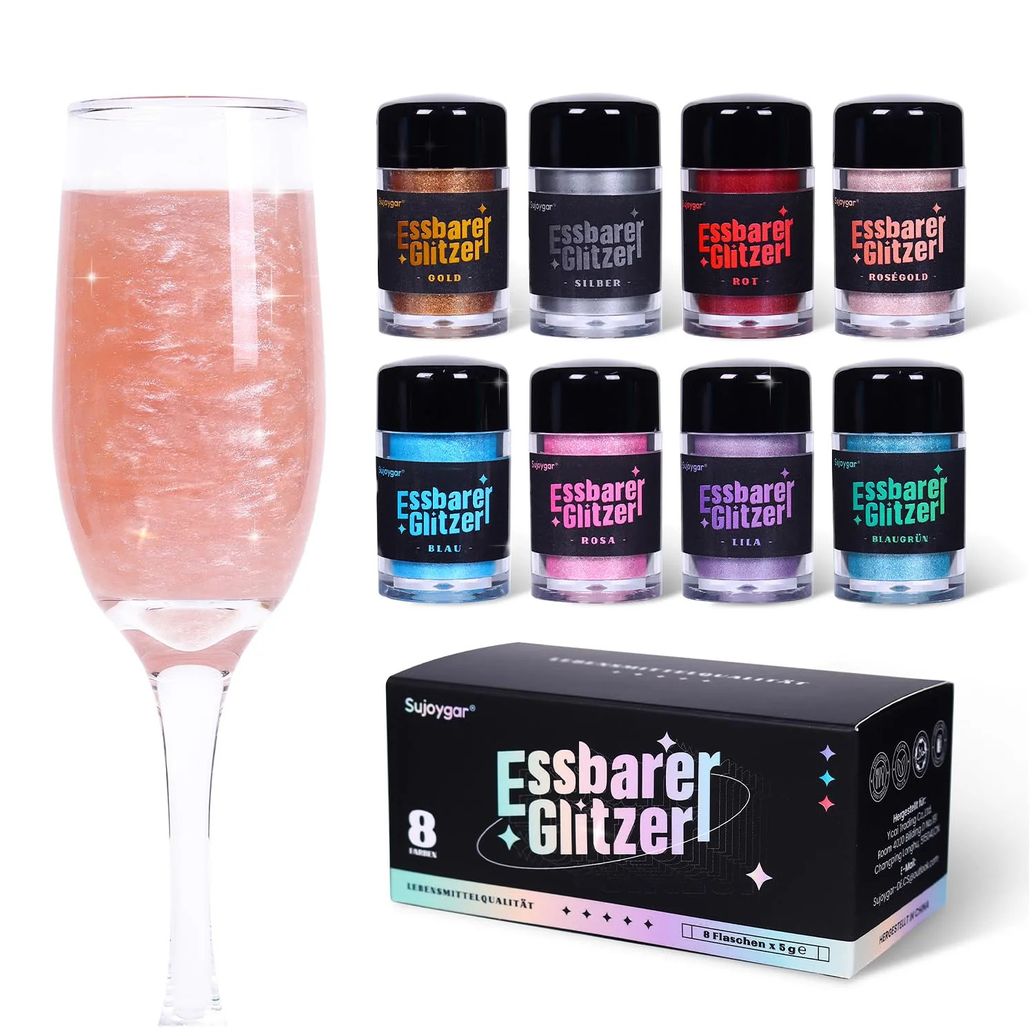 Essbarer Glitzer Set - 8 Farben Essbares Glitzer für Getränke, Glitzer Essbar für Torten, Cocktails, Erdbeeren, Schokolade, 100% lebensmittelechtes Streusel Glitzerpulver (5g/Flasche)
