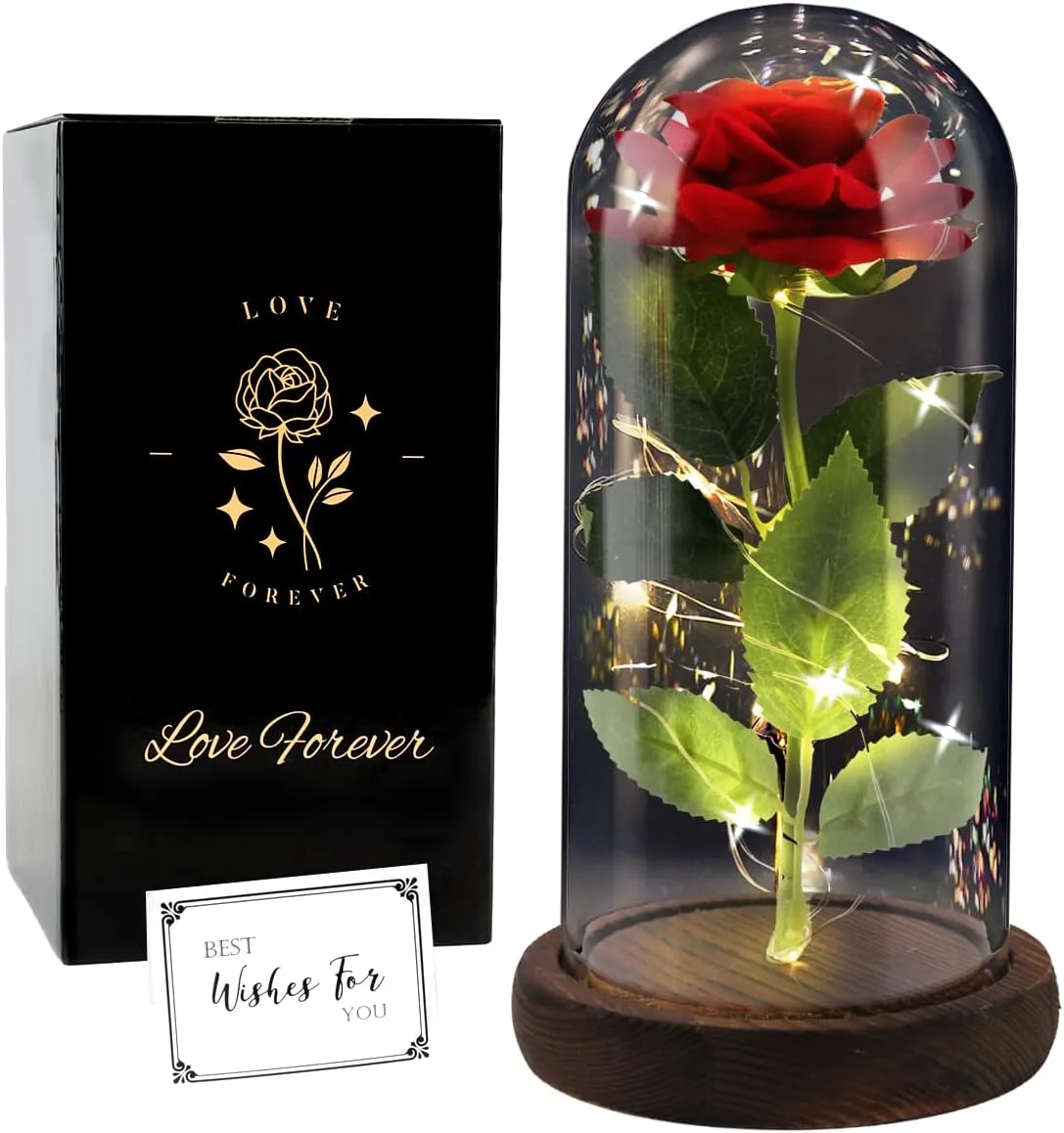 FAYODO Die Schöne und das Biest Ewige Rose, Blumen Geschenke für Mama, Rose in Einer Glaskuppel mit LED Licht Holzsockel für Freundin Frau am Weihnachten Muttertag Geburtstag Valentinstag Jahrestag