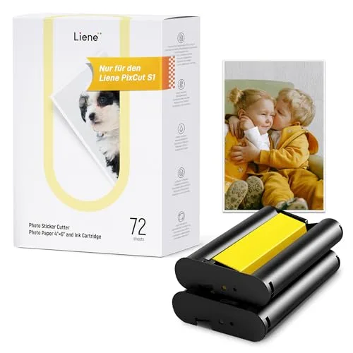 Liene Fotopapier & Kartusche, 2 Tintenpatronen-Nachfüllungen & 72 Fotopapierblätter, 10x15 cm, Farbsublimation, Wasser- & Oxidationsschutz, kompatibel mit Liene PixCut S1 Drucker & Schneider
