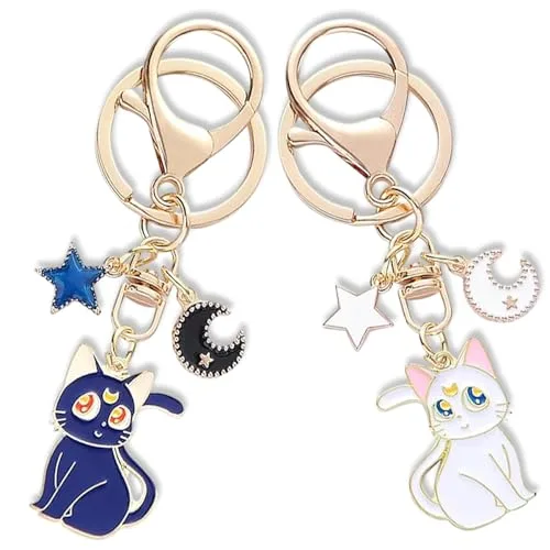 Ynkkvre 2 Stück Sailor Moon Schlüsselanhänger, Schlüsselanhänger Cartoon Niedlich Magie Katze, Anime Schlüsselträger - Niedliche Katzenfigur, Pentagramm Tasche Handy Auto Schlüsselträger.
