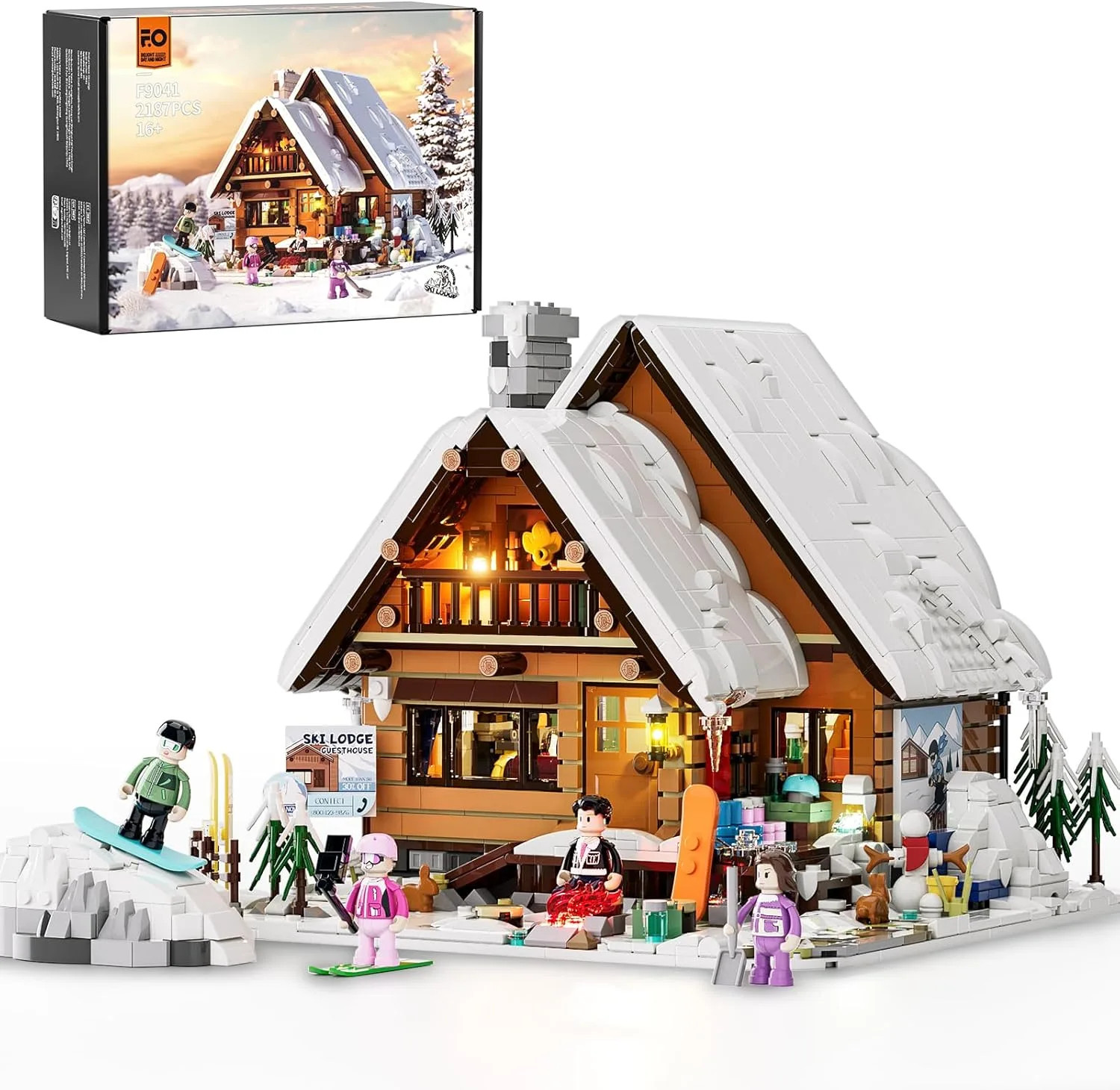 FUNWHOLE Christmas Ski House Building Blocks Set with LED Light, 2187 Pieces Ski Lodge Building Blocks Snow Hut Toy Modular Building Blocks Clamping Blocks for Adults and Teenagers