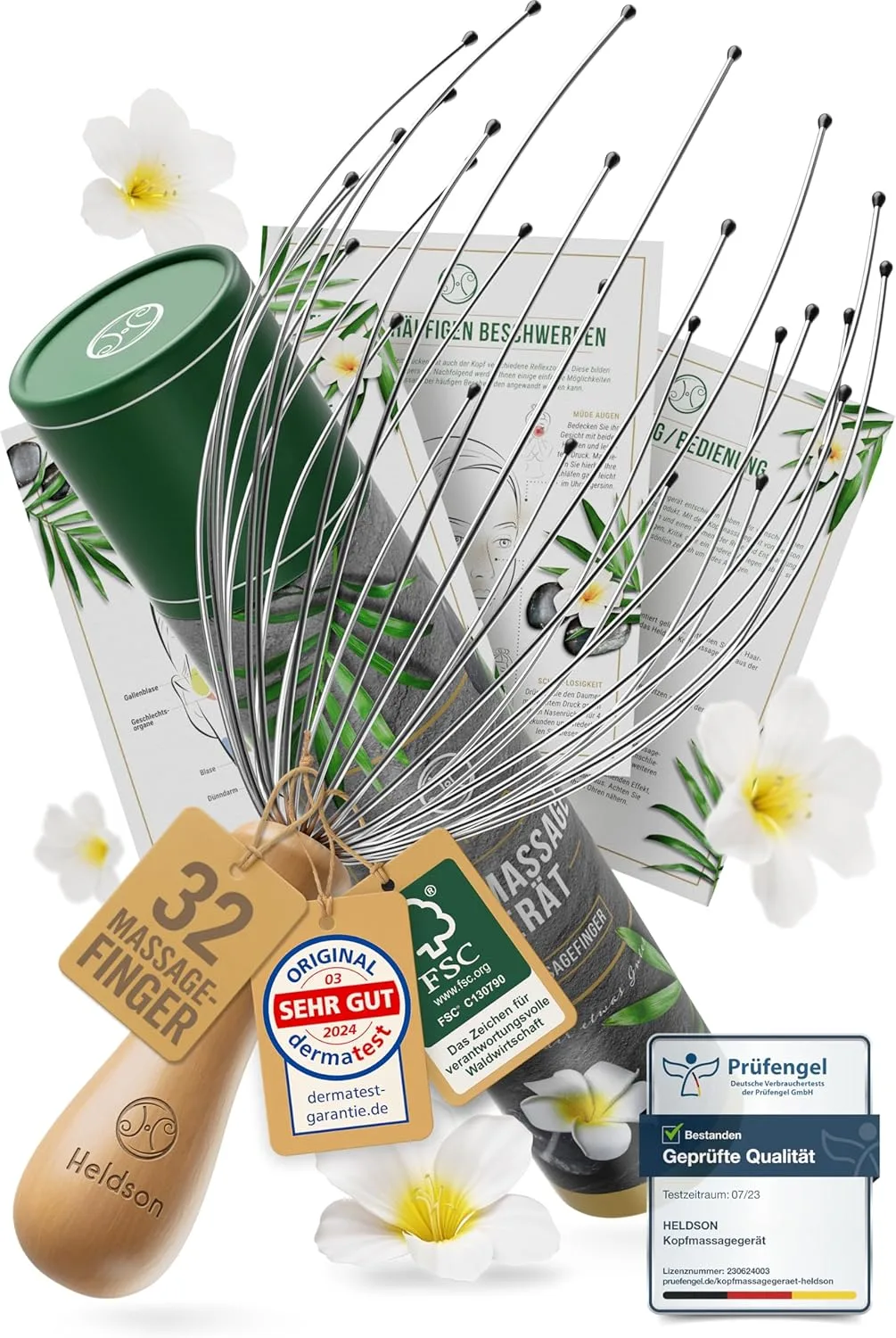 HELDSON® Premium Kopfmassage Spinne 32 Finger - FSC®100% - Kopfmassagegerät - Kopfkrauler Kopf Massage & Haarmassage - Kopfhaut Massagegerät - Head Massager - Kopfkratzer - Wellness Geschenk