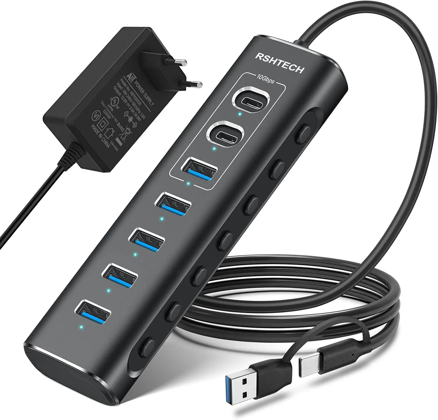 USB C Hub Aktiv mit Netzteil, RSHTECH 7-Port USB C 3.2 Hub Aktiv mit 3 * 10Gbps Port (2*Typ-C, 1*Typ-A), 4 * 5Gbps Port, 1m Datenkabel, 24W Netzteil, Aluminium USB 3.0 3.1, RSH-A107C