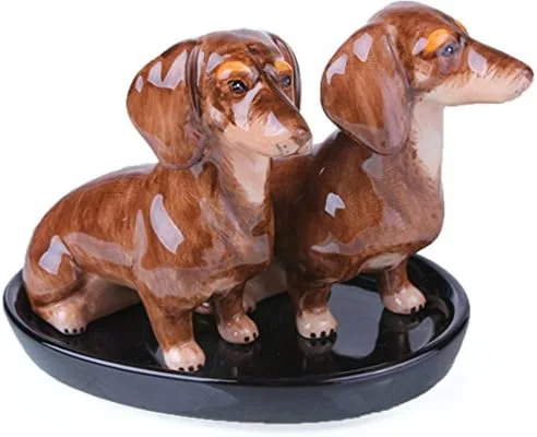 Unbekannt Dackel Salz und Pfefferstreuer Set Keramik, 3-teilig, handgefertigt und handbemalt, Braun, Keramik