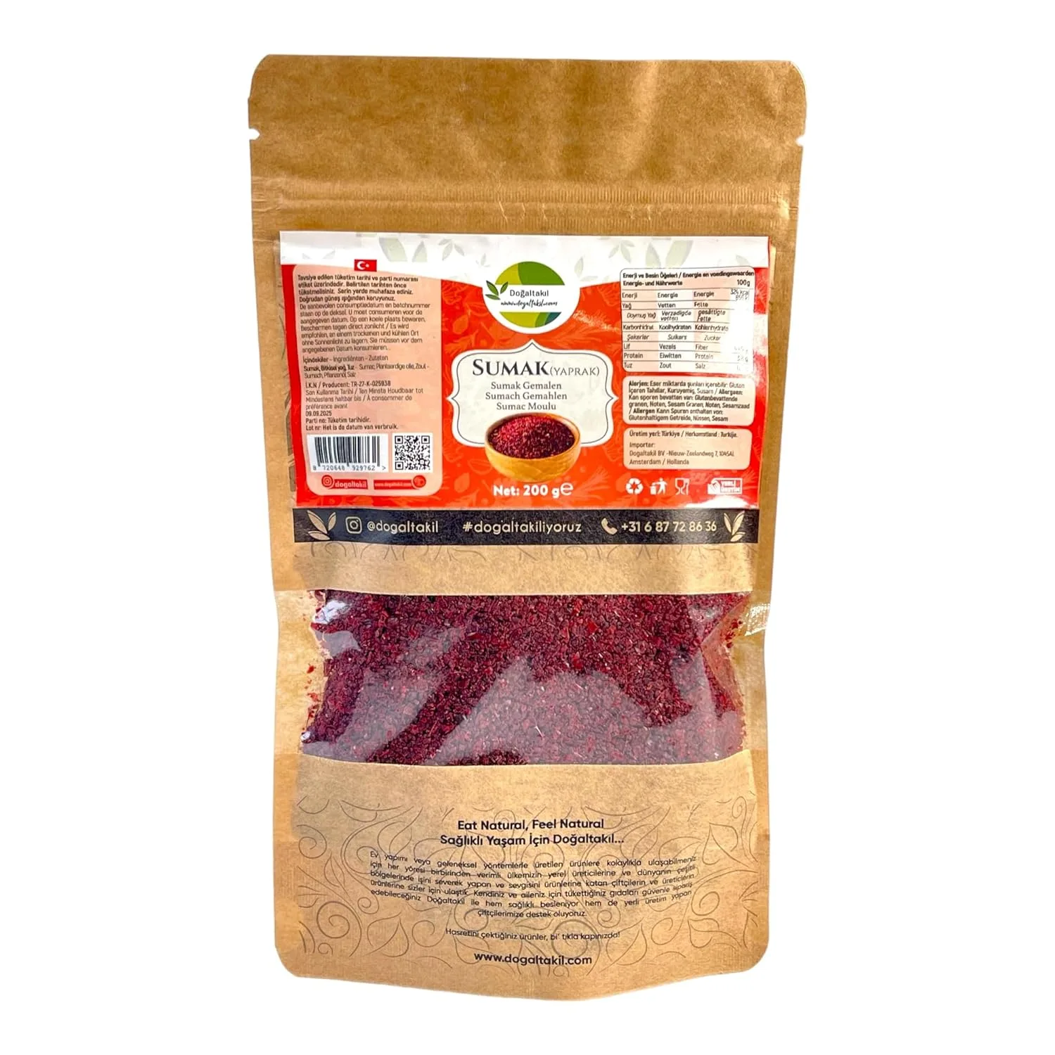 Sumachgewürz, Sumachpulver, gemahlener Sumach, Essigbaumgewürz, leicht getrocknet und gemahlen, veganes Gewürz (200 g)