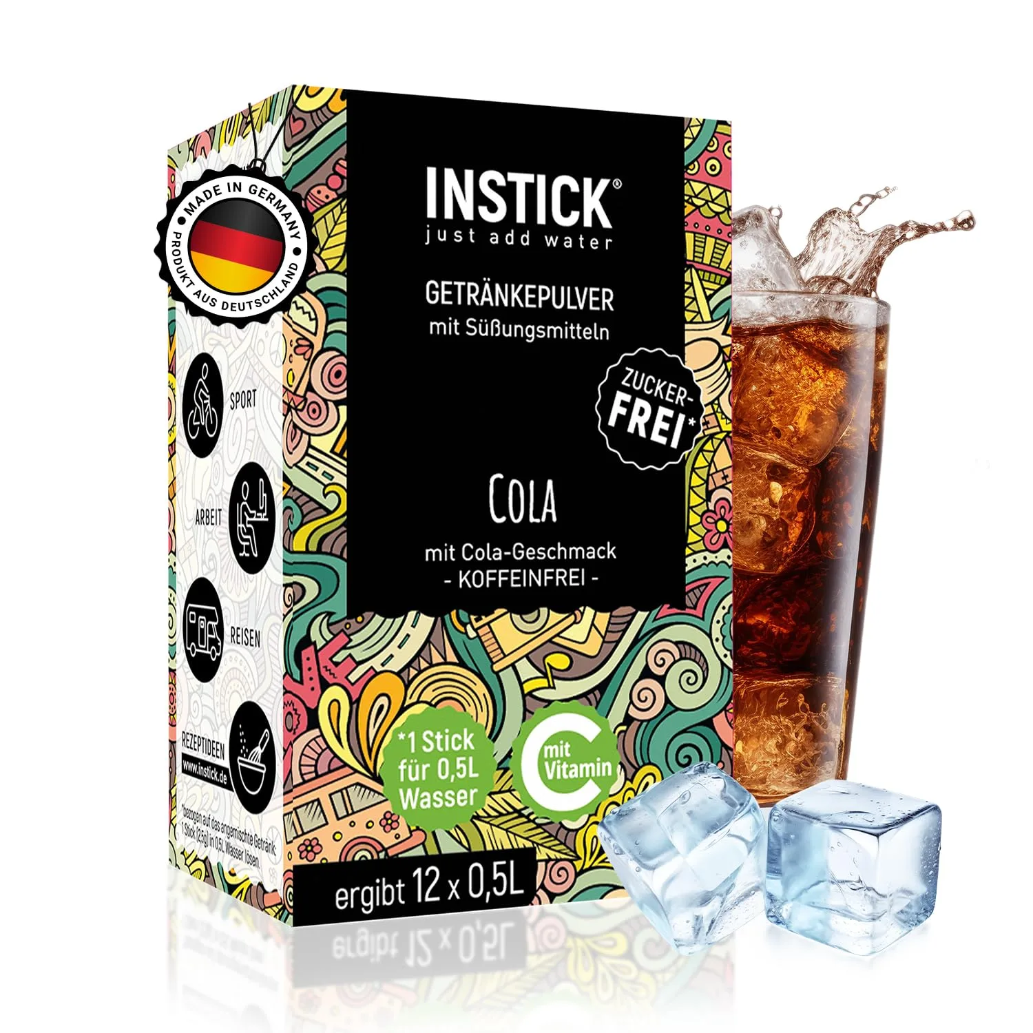 INSTICK Zuckerfreies Instant-Getränk (Cola) - 1 Packung für 12 x 0,5-1 L - Veganes Getränkepulver Kalorienarm & Vitamin C - Instant-Pulver