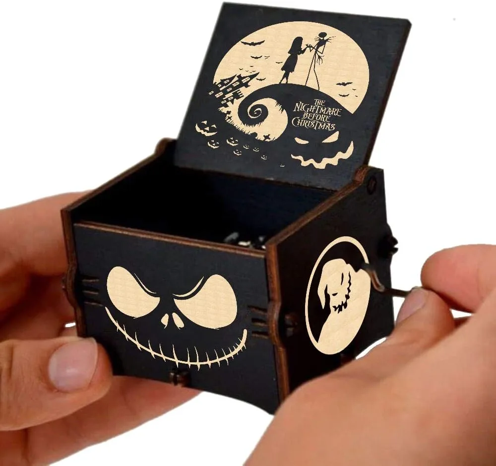Cuzit Dies ist Halloween-Spieluhr aus Holz mit der Aufschrift „The Nightmare Before Christmas“, Handkurbel, graviert, Vintage-Spieluhr, Spielzeug, Geschenke für Halloween, Geburtstag