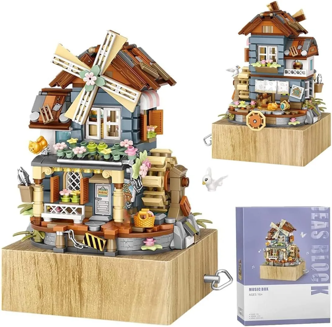Windmühle Musikbox Bausteine Mit Minifigure, 799 Klemmbausteine Street View Architektur Modellbausatz, Technik Spieluhr des Windmühlenhauses Bauset Nicht Kompatibel mit Großen Marken