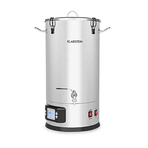 Klarstein Maischfest - Bierbrauset, Maischekessel, Bierbrauanlage mit 2 Stufen: 1500/3000 W, Bier Brauen 5-teiliges Set, Filtrier-Eimer, Kühlspirale, LCD-Display, Edelstahl, 25 Liter, Edelstahl