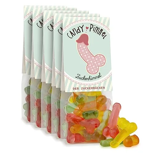 Naschbeutel Candy Pimmel (5er Set) – Geschenk-Beutel mit Fruchtgummi in Penis-Form, lustiges Gastgeschenk für jeden JGA