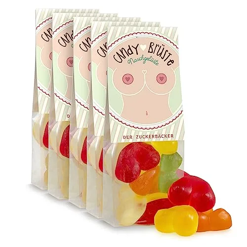 5er-Set Candy Brüste – Fruchtgummi Brüste im schönen Geschenkbeutel, Geschenk-Idee für JGA oder 18ter Geburtstag