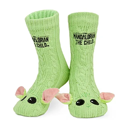 Disney Antirutschsocken Damen mit 3D-Ohren, One Size ABS Kuschelsocken Damen Antirutsch Haussocken Winter Frauen Geschenke (Grün Baby Yoda)