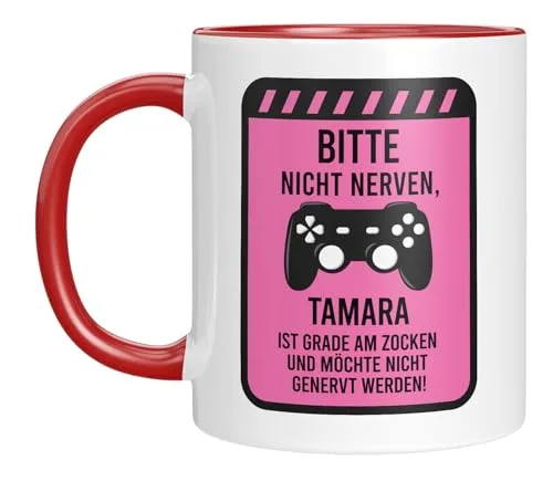 TassenTicker - Bitte nicht nerven - Tasse mit Spruch für eine Gamerin - Personalisiert - Zockerin - Geschenk für die Freundin - Geburtstagsgeschenk (Rot)