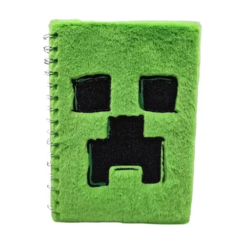 HOX Minecraft Movie Creeper Fluffy Plush A5 Notizblock – weicher Plüsch, grüner Einband, Tagebuch zum Schreiben, fester Einband mit 80 linierten Seiten, offizielles Lizenzprodukt für Gamer