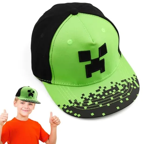 Miner Outdoor Sports Baseballmütze, Cartoon Design Sonnenmütze, Creeper Cap für Kinder - Schwarz und Pixelig Grün Grid Basecap Kappe