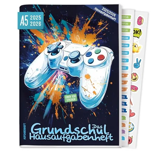 Häfft® Hausaufgabenheft Grundschule 2025/2026 A5 "Gaming" Das Grundschul-Hausaufgabenheft inkl. Lerntipps, Sticker, Denkspiele - nachhaltig & klimafreundlich