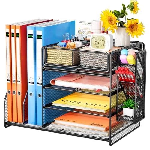 Casavibe Schreibtisch Organizer mit Aktenhalter - 5-Tier Briefablage Ablagefächer mitSchublade,4 Stithalter, Schreibtisch-Aufbewahrung, Zeitschriftenhalter fürBürobedarf (schwarz)