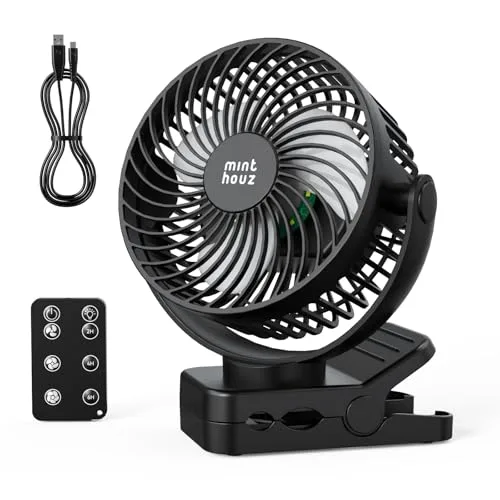 Minthouz USB Tischventilator leise mit 12000mAh Ventilator Akku – Tragbarer Clip-Ventilator mit Fernbedienung, Licht, Timer, 360° drehbar, 3 Stufen, 45 Std. Laufzeit – für Camping, Büro, Kinderwagen