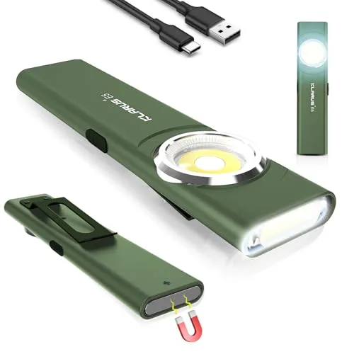 klarus E5 USB C Wiederaufladbare Klein Taschenlampe,COB-Arbeitsleuchte, 600 Lumen, flache Mini Taschenlampe mit Magnetfuß und Schnallenclip. Geeignet für Wartung, Camping, Wandern, Notfall usw