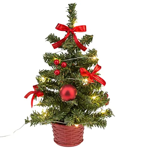 Idena 31486 - Deko-Weihnachtsbaum mit 20 LED in Warmweiß, ca. 25 cm hoch, mit rotem Baum-Schmuck im Topf und USB-Anschluss, Deko für Innen, als Winter-, Advents- und Weihnachtsdeko