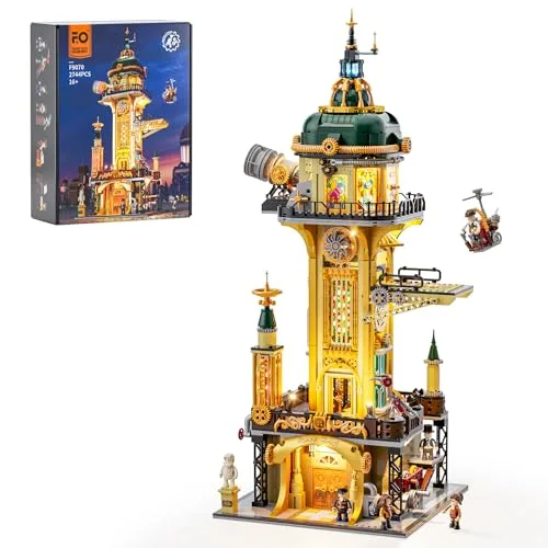 FUNWHOLE Steampunk Observatorium Turm Beleuchtung Bauklötze Set - 2744 Teile Viktorianisches Mechanisches Modulares Bauwerk für Erwachsene und Steampunk-Liebhaber