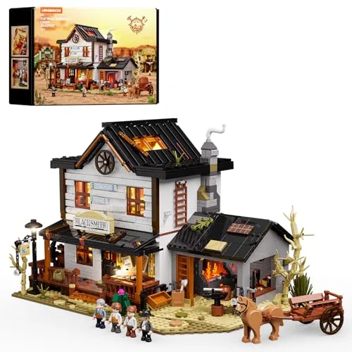 Lumibricks Western-Schmiede Bausatz 2042 Teile – LED-Licht & Schmiedefeuer-Effekt, Vintage-Western-Gebäudemodell, Geschenkidee & Sammlerstück für Erwachsene, Immersives Ausstellungsset