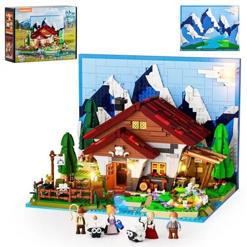 Lumibricks Schäferhütte Alpenhof Klemmbausteine Set, 2265 Teile Bergmodell mit LED Beleuchtung & 3D Hintergrund, Interaktive Schaffarm mit 4 Minifiguren für Erwachsene & Kinder