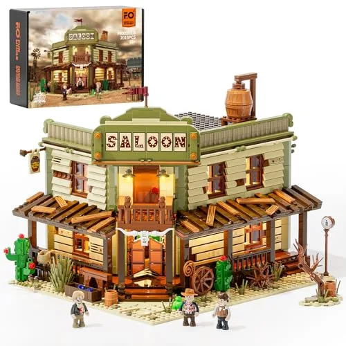 FUNWHOLE Western Saloon Bauset mit LED – 2016 Bausteine Modellbausatz für Erwachsene & Jugendliche, Sammler-Set Einer Western-Taverne mit 3 Minifiguren, bespielbarem Innenraum & Lichtsystem