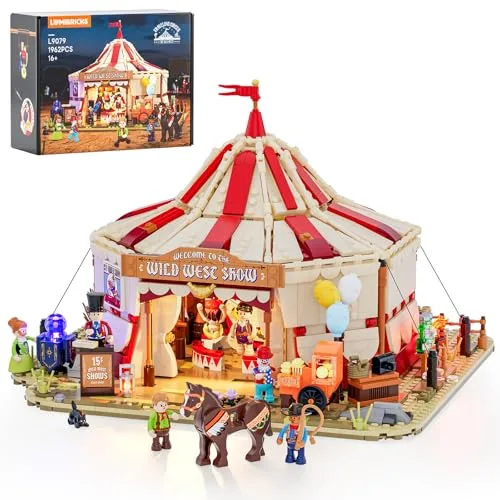 Lumibricks Traveling Circus Bauset mit Licht – 1962 Teile Zirkuszelt mit LED & Minifiguren – Modularer Jahrmarkt für Erwachsene, Westernfans & Freizeitpark-Sammler