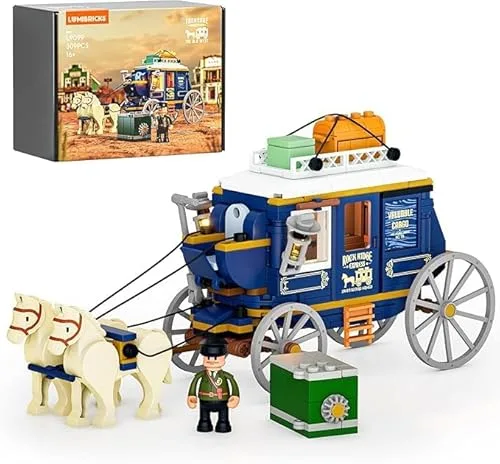 Lumibricks Treasure Stagecoach Baustein-Set – 307-teiliges Vintage-Western-Modell mit LED-Lichtern, aufklappbarem Safe & interaktiven Funktionen, ideal zum Sammeln & Verschenken